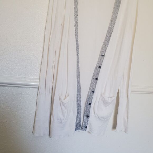 J. Crew Cardigan Size M Ivory With Silver Trim Button Closure Pima Cotton Wool - Picture 2 of 14